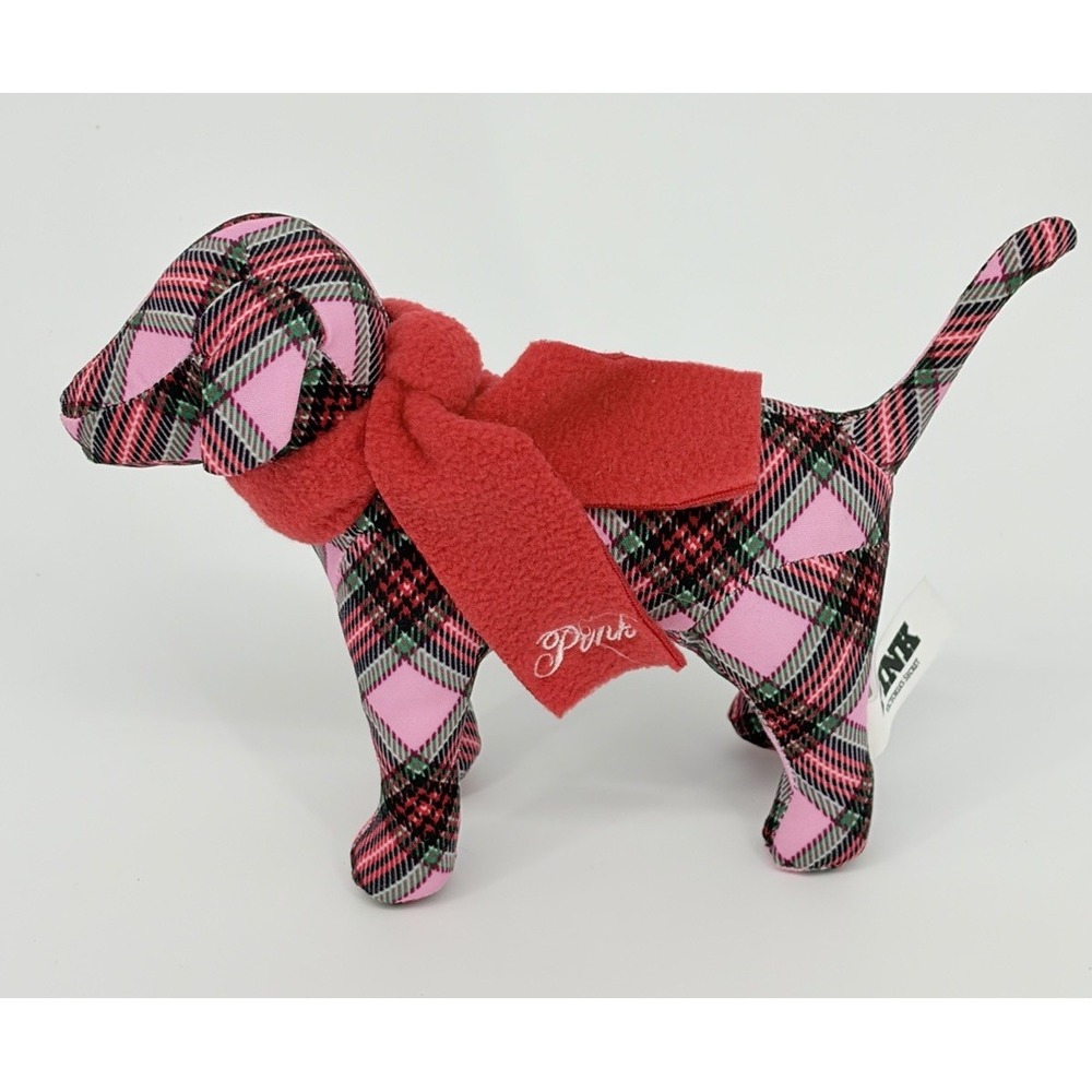 PINK Victoria's Secret Plaid Stuffed Plush Dog with Red Scarf Christmas